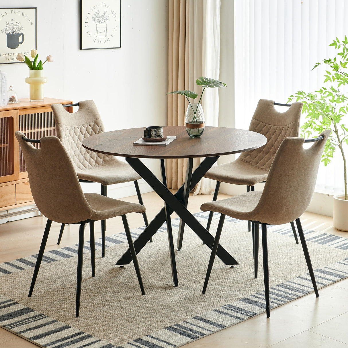 5 Pieces Dining Set, Table Metal Leg Mid-Century Dining Table For 4 - 6 People With MDF Table Top, Pedestal Dining Table, End Table Leisure Coffee Table - Beige Brown by Couch.com