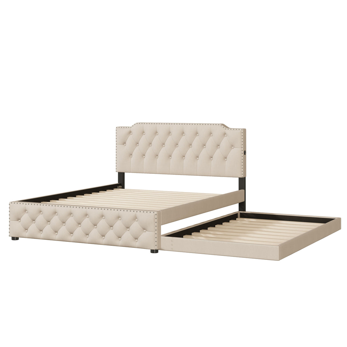 Upholstered Platform Bed With Trundle And 2 Sets Of USB Ports On Each Side, Linen Fabric by Couch.com