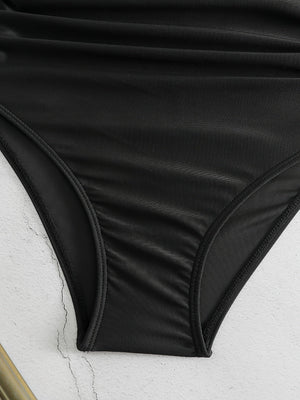 Bikini Black Solid Color Ruffle V Neck 2 Piece Swimsuit for Women – High Waisted Flattering Bikini Set with Lettuce Trim Bottoms – Sleek Stretchy Fabric Swimwear for Beach Days Poolside Style and Summer Vacation Looks
