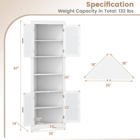 67 Inch Tall Corner Cabinet Triangular Buffet Cabinet with Tempered Glass Doors-White