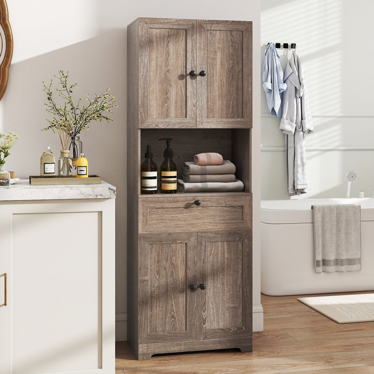 67.5 Inch Tall Modern Freestanding Floor Storage Cabinet with 4 Doors and 1 Drawer-Oak