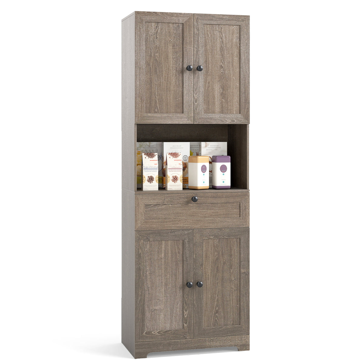 67.5 Inch Tall Modern Freestanding Floor Storage Cabinet with 4 Doors and 1 Drawer-Oak