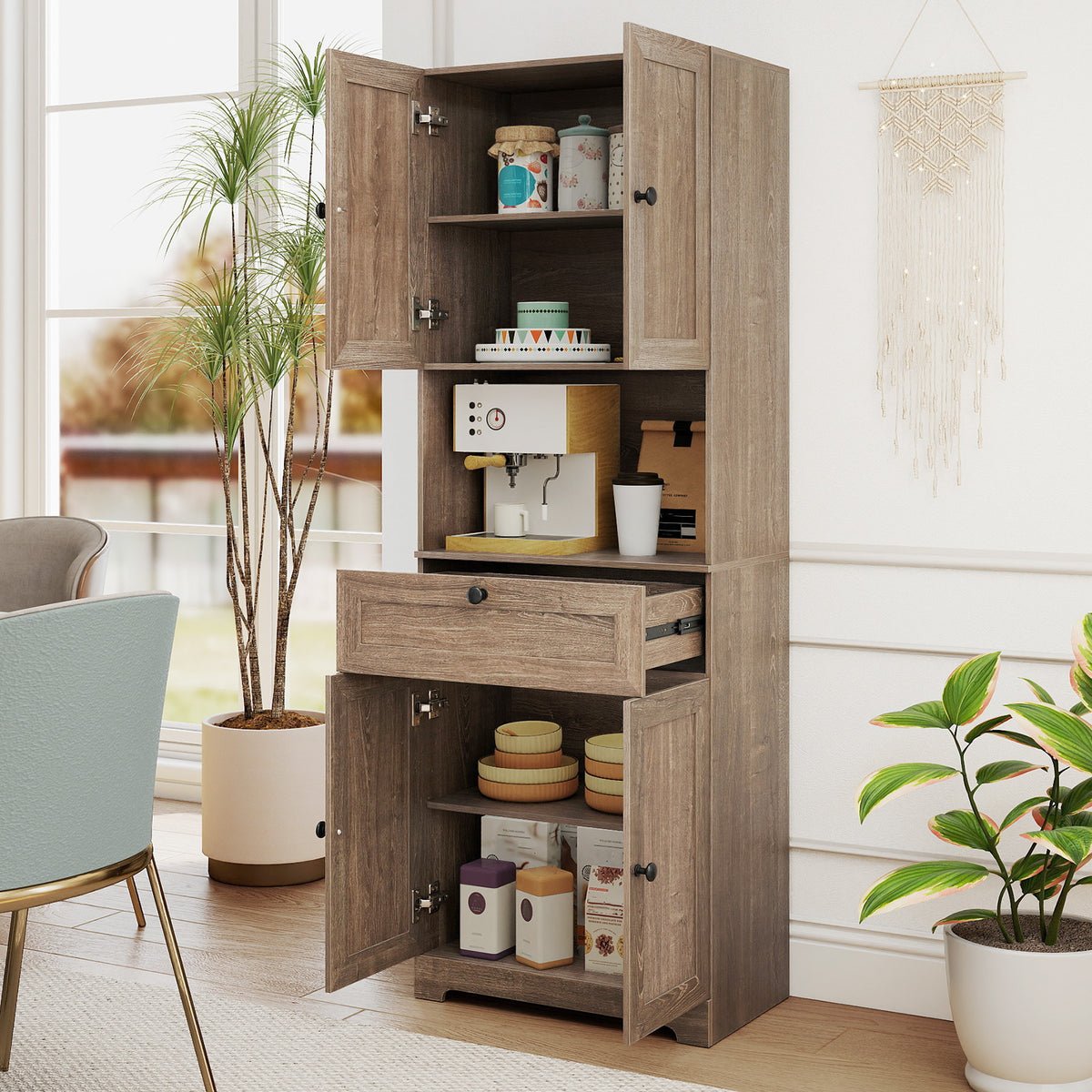 67.5 Inch Tall Modern Freestanding Floor Storage Cabinet with 4 Doors and 1 Drawer-Oak