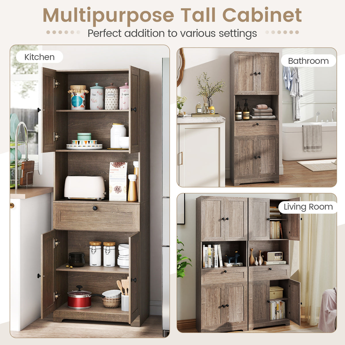 67.5 Inch Tall Modern Freestanding Floor Storage Cabinet with 4 Doors and 1 Drawer-Oak