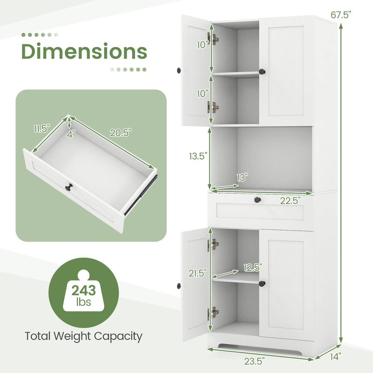 67.5 Inch Tall Modern Freestanding Floor Storage Cabinet with 4 Doors and 1 Drawer-White