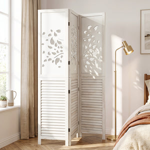 67" Folding Room Divider 3 Panels with Tree Cutout & Louver Design for Room-White