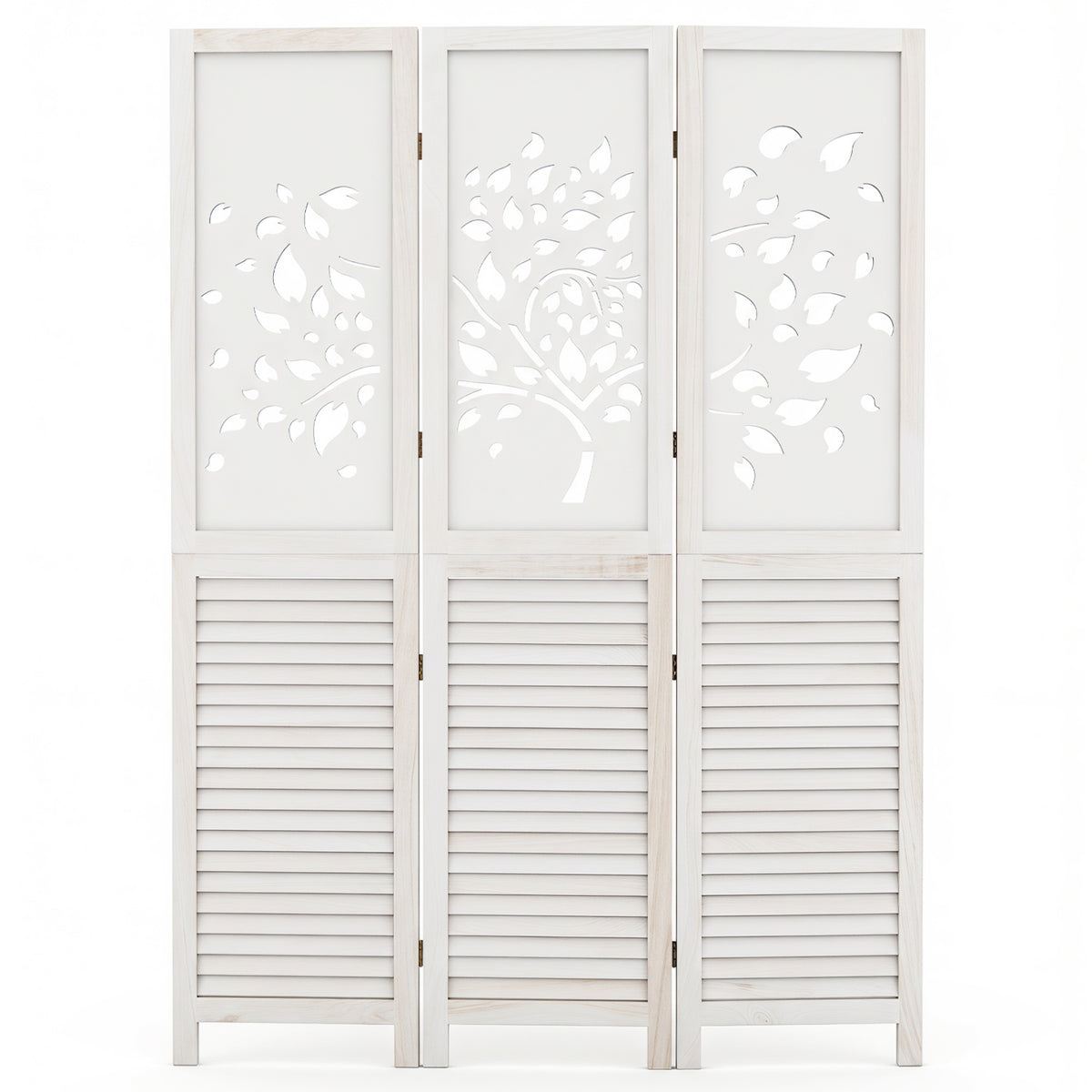 67" Folding Room Divider 3 Panels with Tree Cutout & Louver Design for Room-White