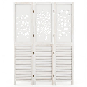 67" Folding Room Divider 3 Panels with Tree Cutout & Louver Design for Room-White
