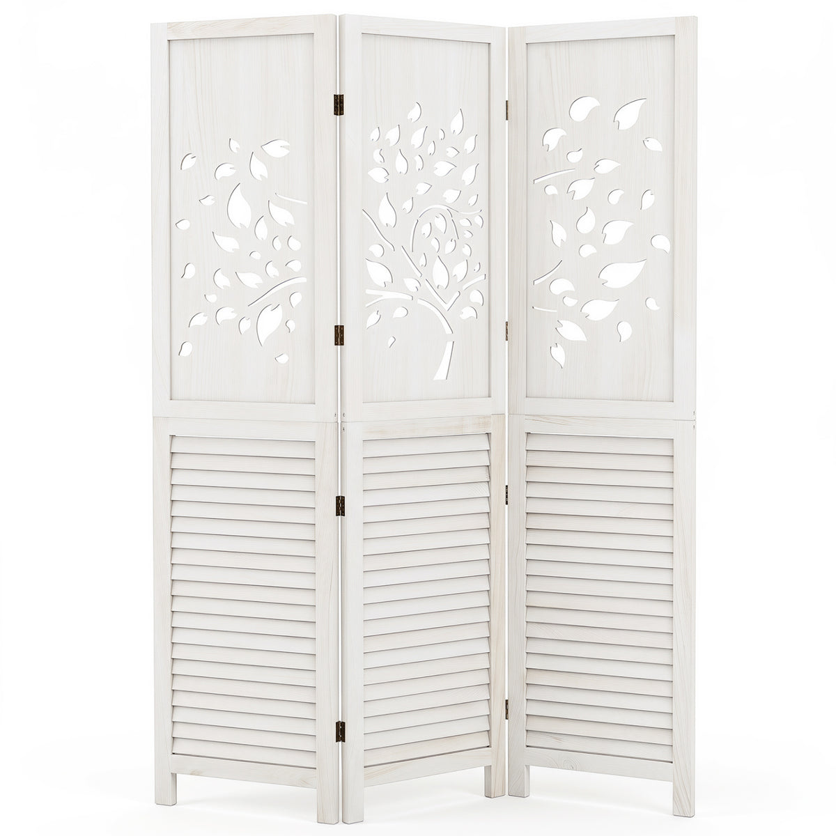 67" Folding Room Divider 3 Panels with Tree Cutout & Louver Design for Room-White