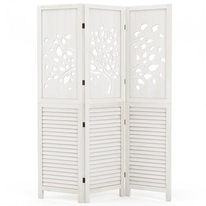 67" Folding Room Divider 3 Panels with Tree Cutout & Louver Design for Room-White