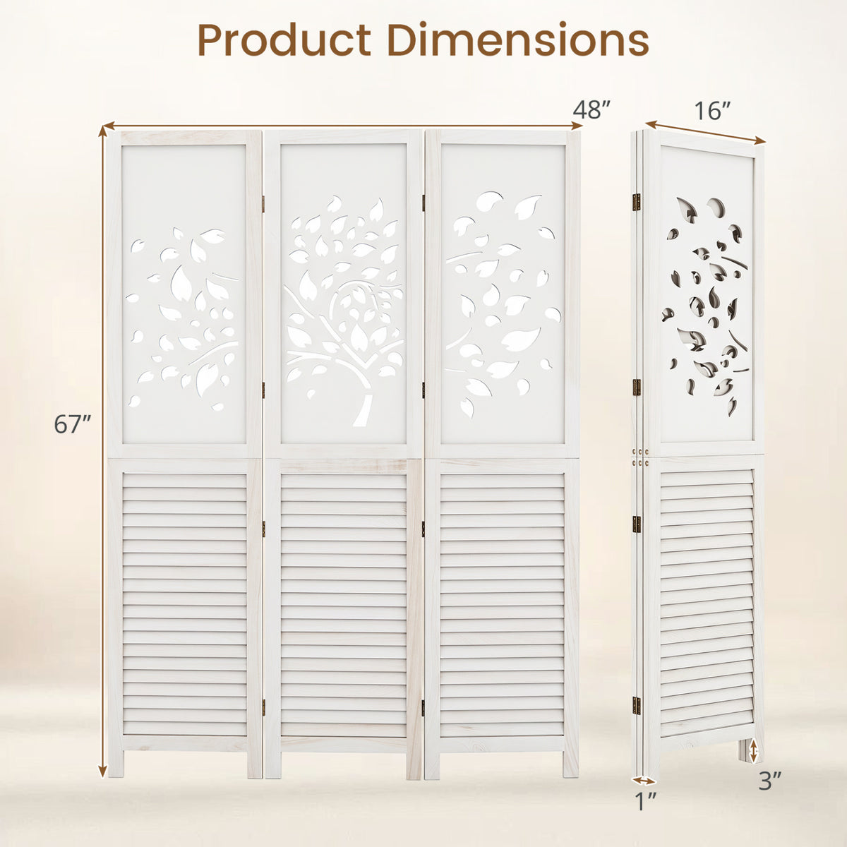 67" Folding Room Divider 3 Panels with Tree Cutout & Louver Design for Room-White