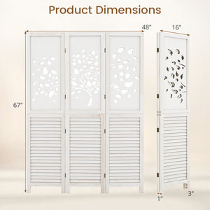 67" Folding Room Divider 3 Panels with Tree Cutout & Louver Design for Room-White