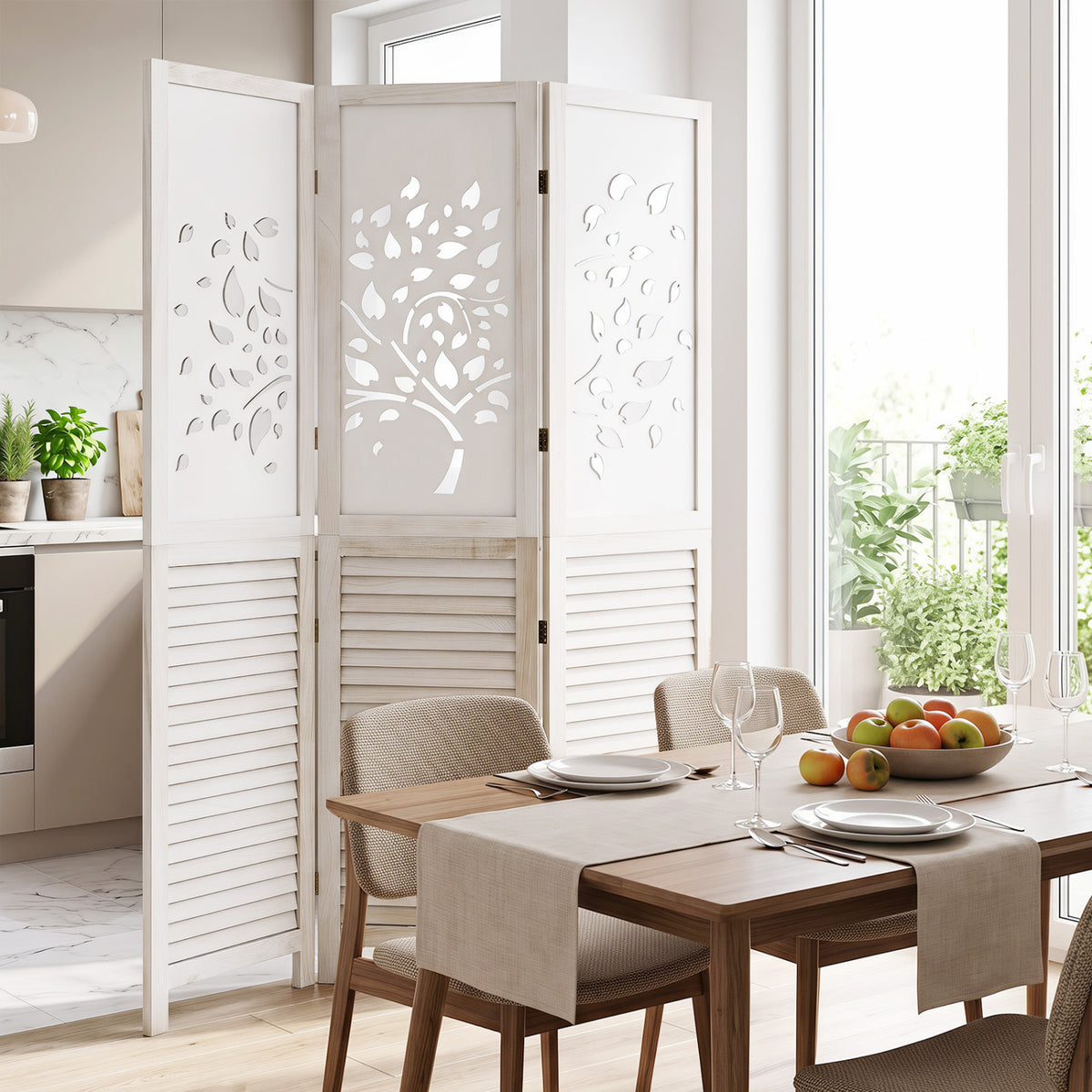 67" Folding Room Divider 3 Panels with Tree Cutout & Louver Design for Room-White