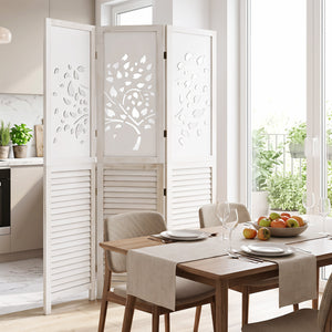 67" Folding Room Divider 3 Panels with Tree Cutout & Louver Design for Room-White