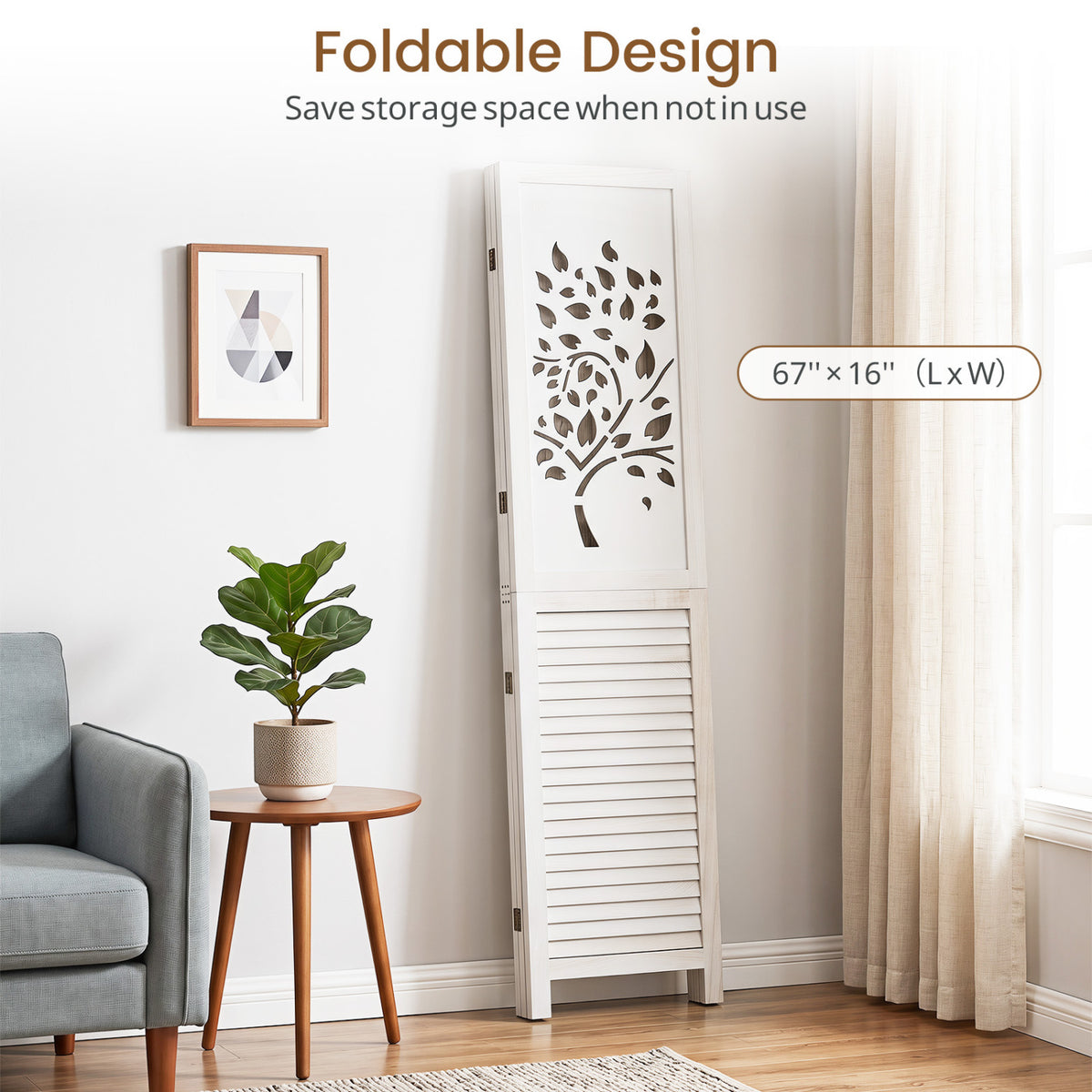 67" Folding Room Divider 3 Panels with Tree Cutout & Louver Design for Room-White