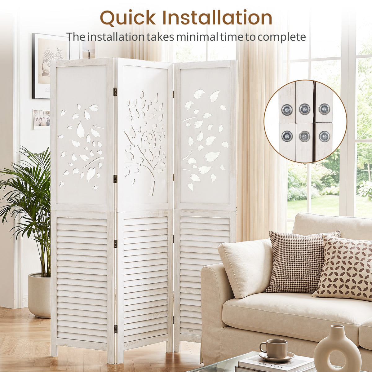 67" Folding Room Divider 3 Panels with Tree Cutout & Louver Design for Room-White