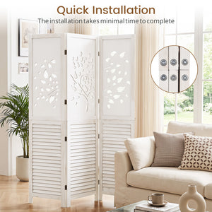 67" Folding Room Divider 3 Panels with Tree Cutout & Louver Design for Room-White