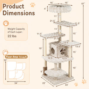 67 Inch Multi-level Cat Tree with Large Cat Condo and Padded Perch-Beige