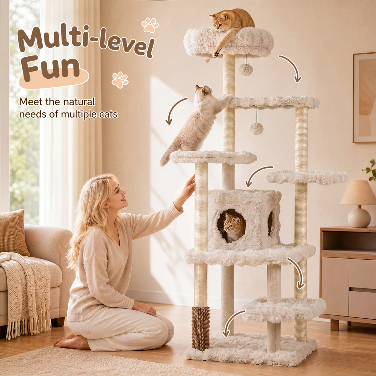 67 Inch Multi-level Cat Tree with Large Cat Condo and Padded Perch-Beige