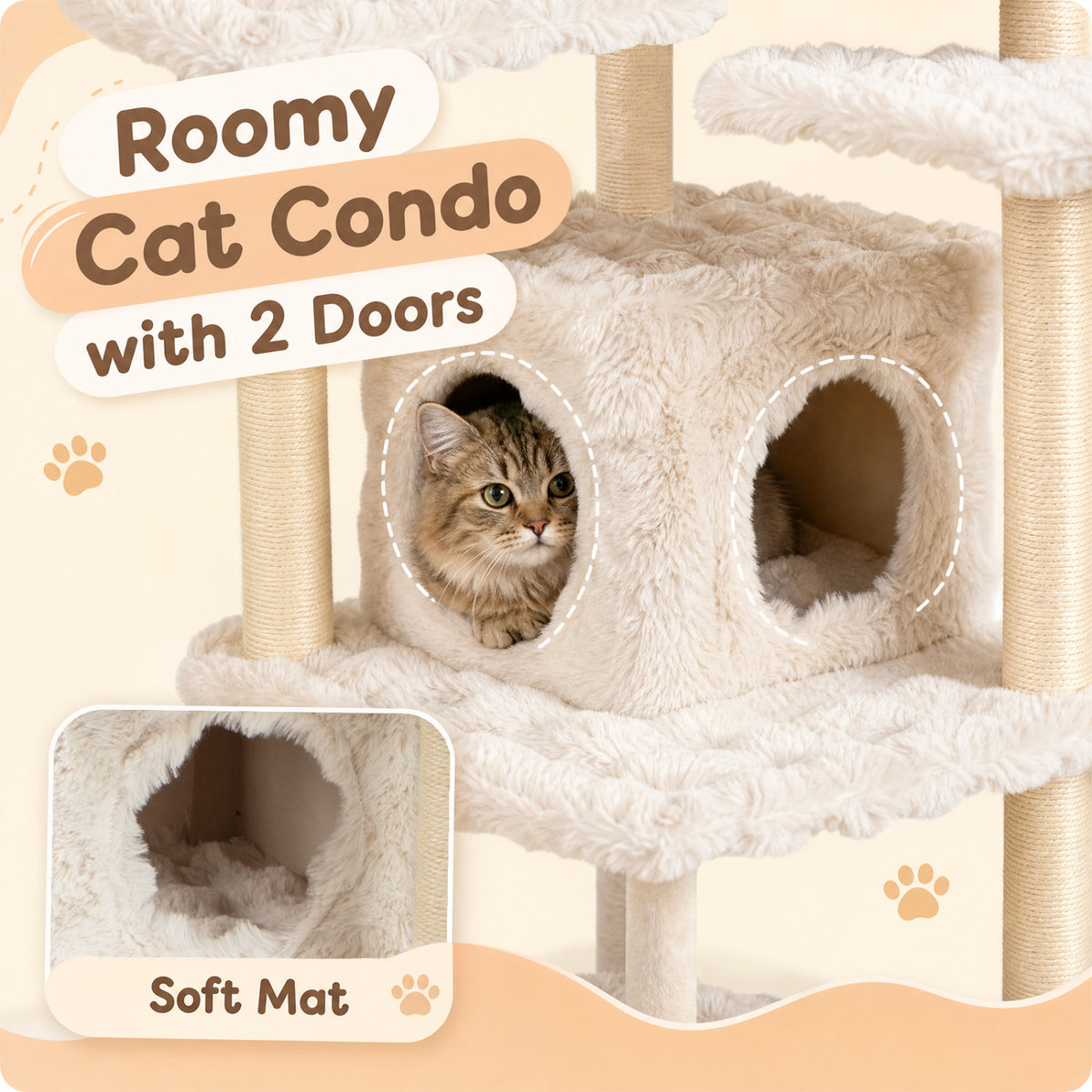 67 Inch Multi-level Cat Tree with Large Cat Condo and Padded Perch-Beige