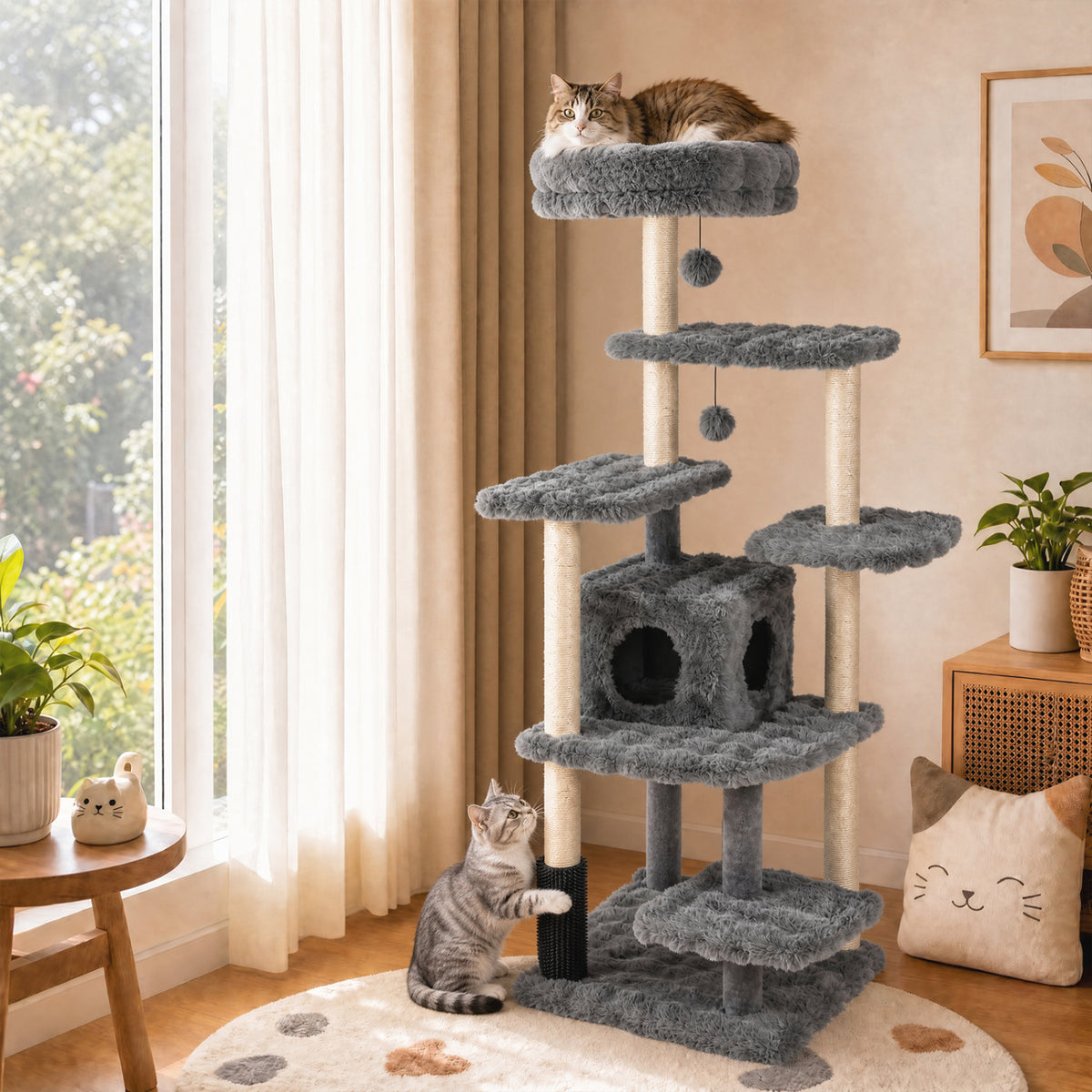 67 Inch Multi-level Cat Tree with Large Cat Condo and Padded Perch-Gray
