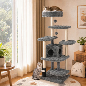 67 Inch Multi-level Cat Tree with Large Cat Condo and Padded Perch-Gray