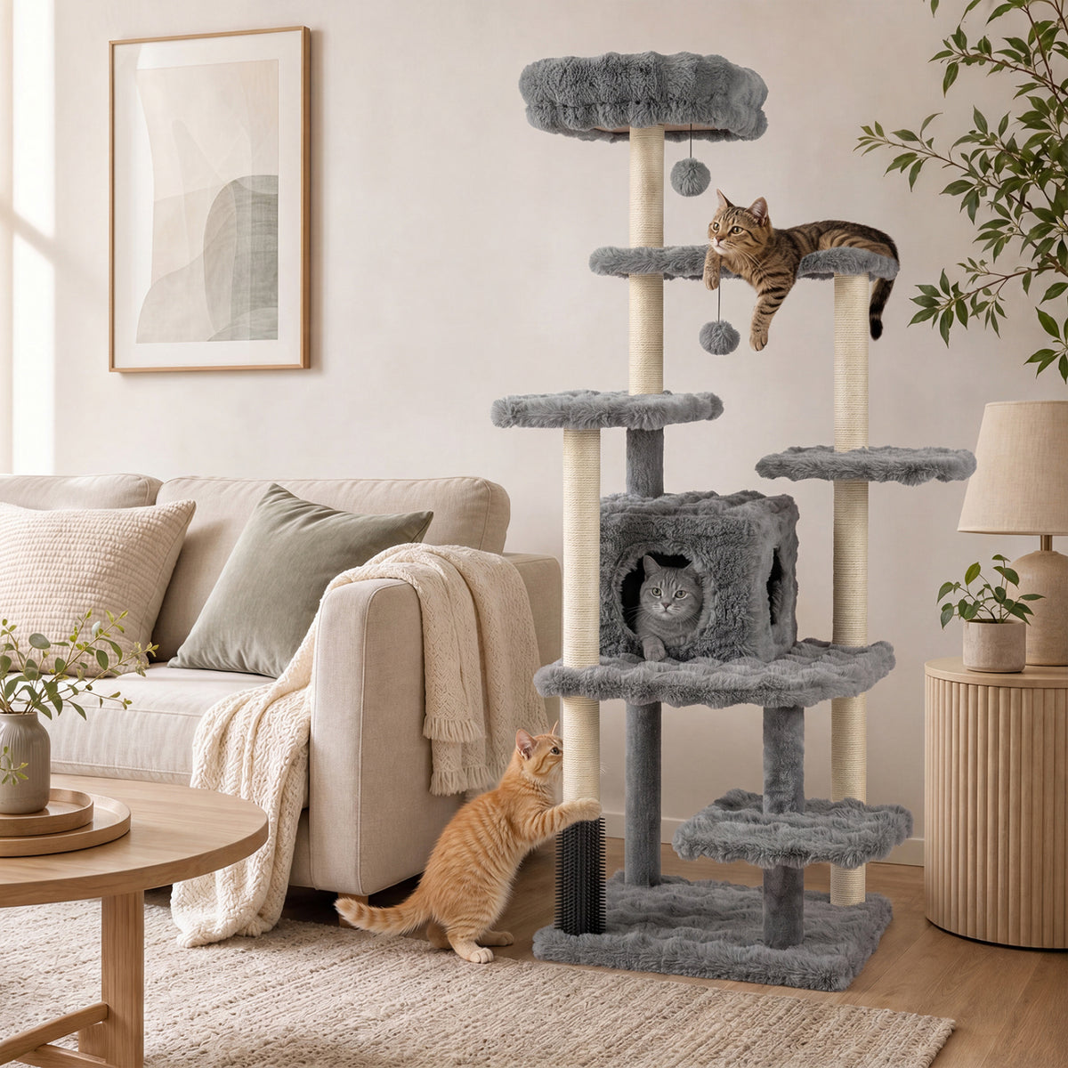 67 Inch Multi-level Cat Tree with Large Cat Condo and Padded Perch-Gray