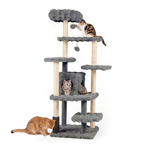 67 Inch Multi-level Cat Tree with Large Cat Condo and Padded Perch-Gray