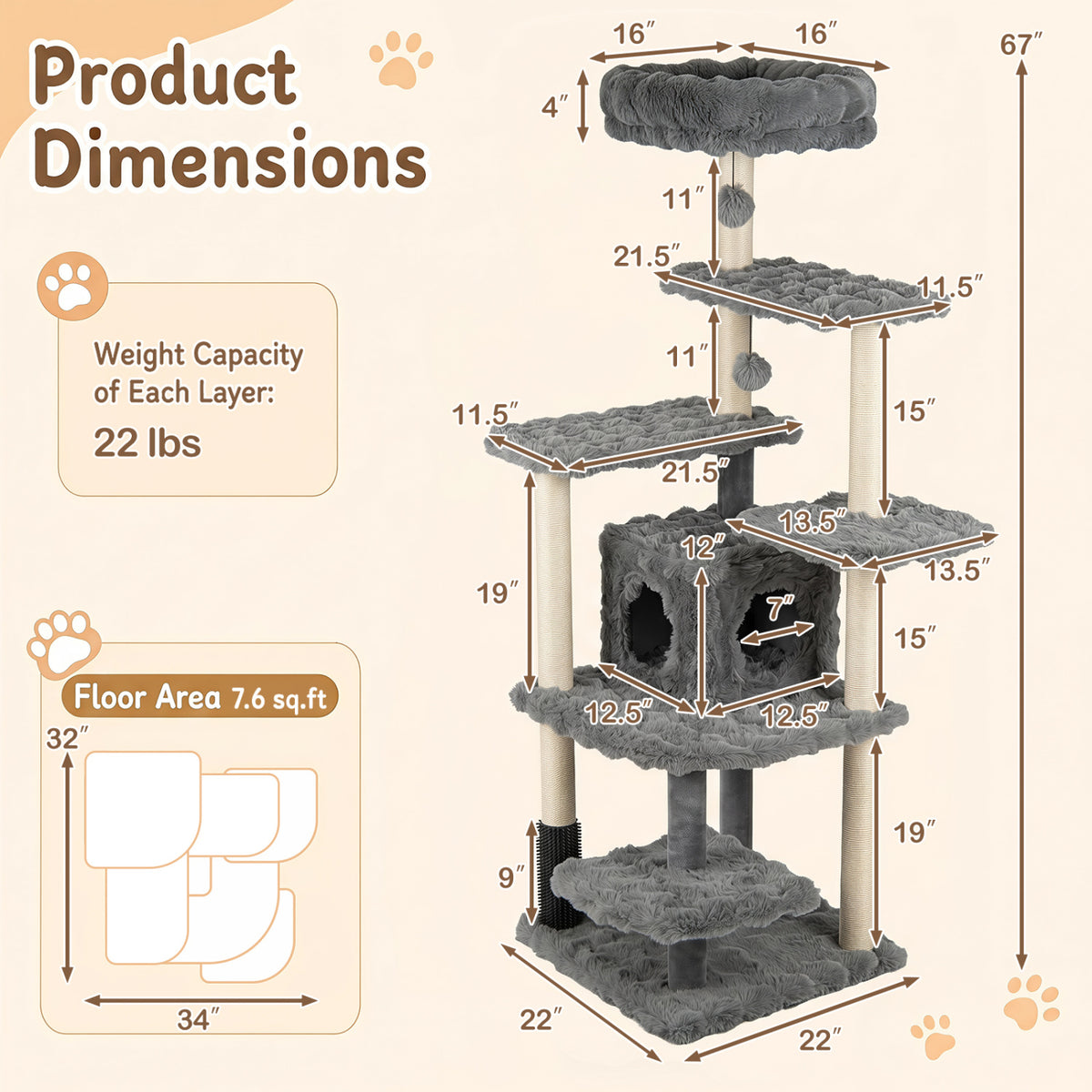 67 Inch Multi-level Cat Tree with Large Cat Condo and Padded Perch-Gray