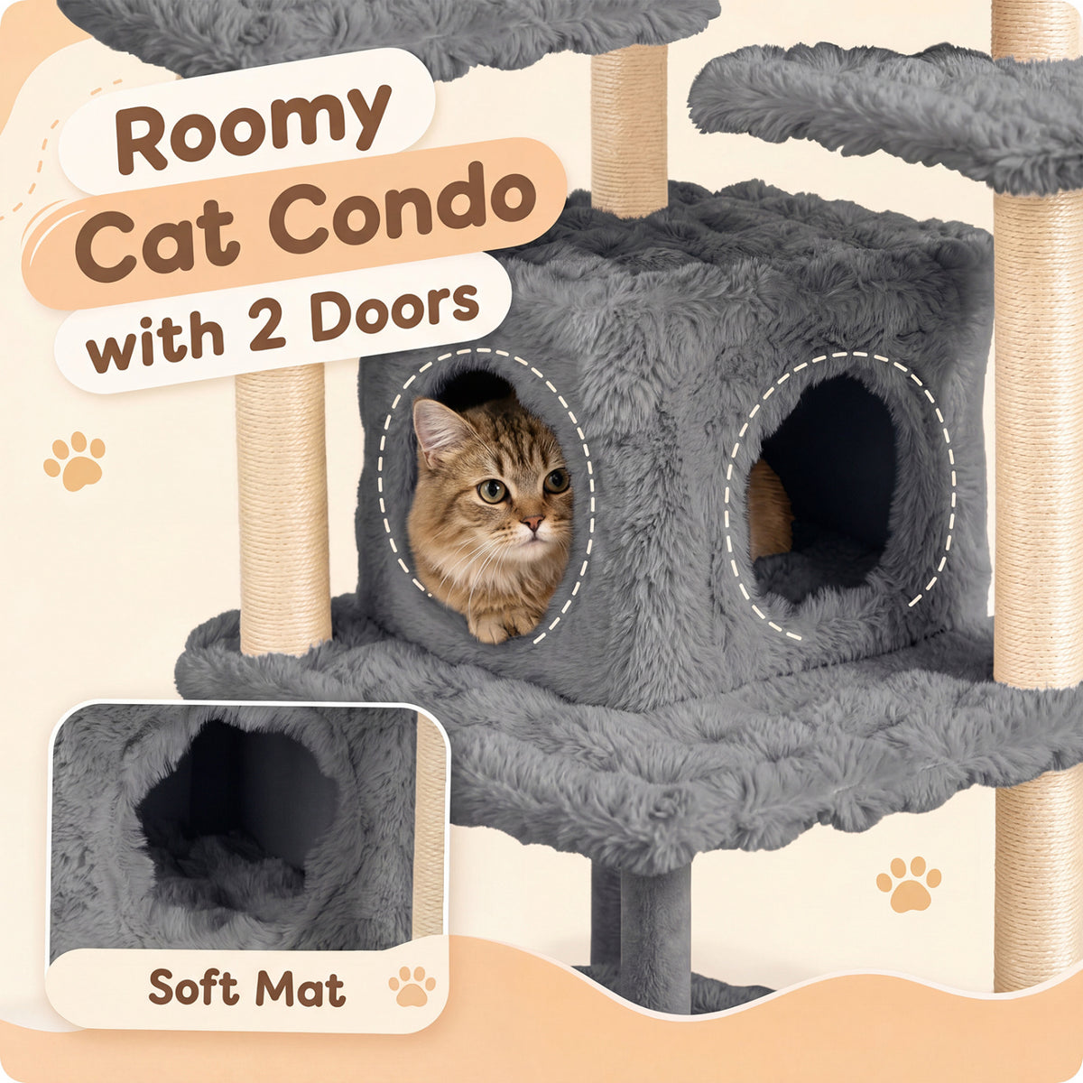 67 Inch Multi-level Cat Tree with Large Cat Condo and Padded Perch-Gray