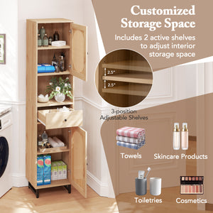 67 Inch Tall Bathroom Cabinet PE Rattan Floor Cabinet with 2 Doors-Natural