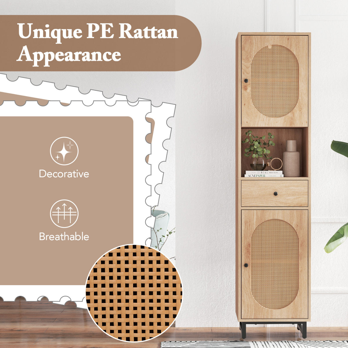 67 Inch Tall Bathroom Cabinet PE Rattan Floor Cabinet with 2 Doors-Natural