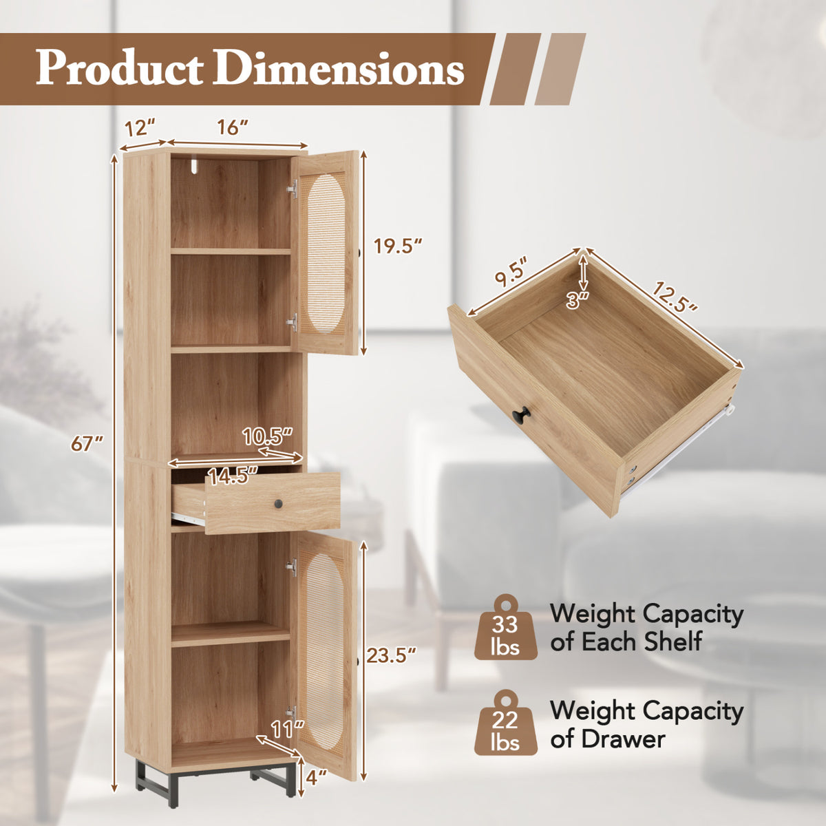 67 Inch Tall Bathroom Cabinet PE Rattan Floor Cabinet with 2 Doors-Natural
