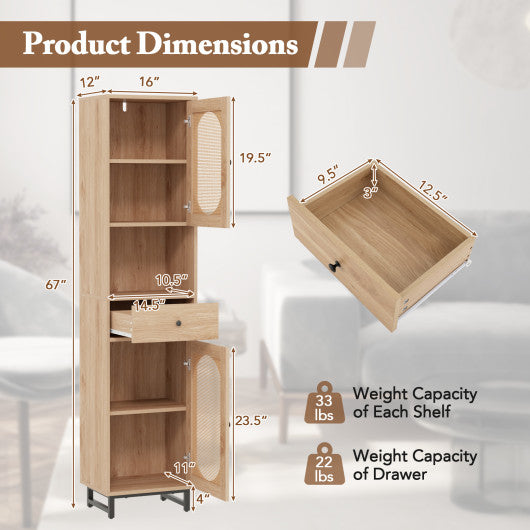 67 Inch Tall Bathroom Cabinet PE Rattan Floor Cabinet with 2 Doors-Natural