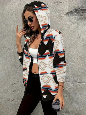 Modern Women Geometric Zip-Up Sherpa Jacket With Hood And Pockets Stylish Winter Jacket