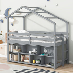 House Loft Bed With Roof Frame, Under Bed Shelving Storage Unit, Guardrails, Ladder by Couch.com