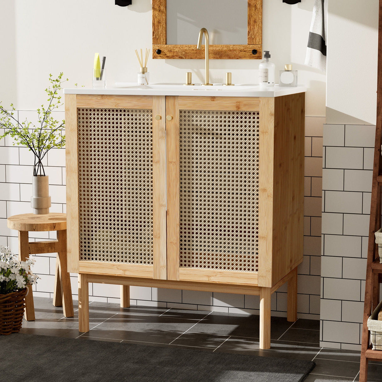 Bathroom Vanity Crafted From Natural Materials, Featuring Handmade Rattan Doors And Soft-Closing Mechanisms - Light Brown by Couch.com