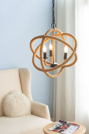 3 Light Farmhouse Chandelier, Rope Chandelier Globe Hanging Light Fixture With With Adjustable Chain For Kitchen, Bulb Not Included - Beige Brown by Couch.com