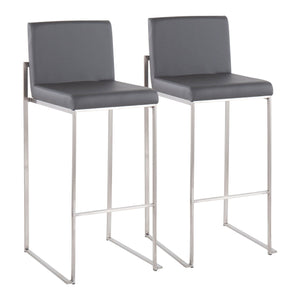 A pair of Fuji Contemporary and Modern Elegance High Back Barstools with gray cushioned seats, stainless steel legs, and footrests are placed side by side on a white background.