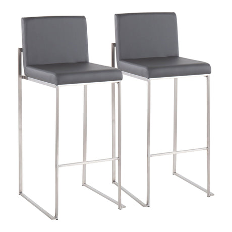 A pair of Fuji Contemporary and Modern Elegance High Back Barstools with gray cushioned seats, stainless steel legs, and footrests are placed side by side on a white background.