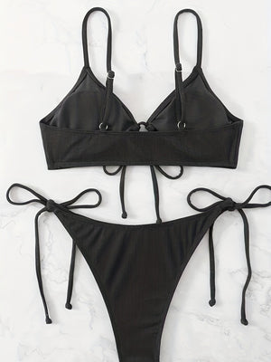Bikini Solid Rib Knit 2 Piece Swimsuit – Ring Link Tie Front Triangle Bikini Set for Women – Hollow Out High Stretch V-Neck Top with Tie Side Bottoms – Trendy Beach & Pool Swimwear for Summer