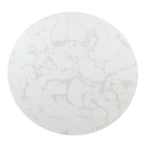 A round dining table named "Clayten" features a marble top with white and light gray veining, paired with an espresso base.