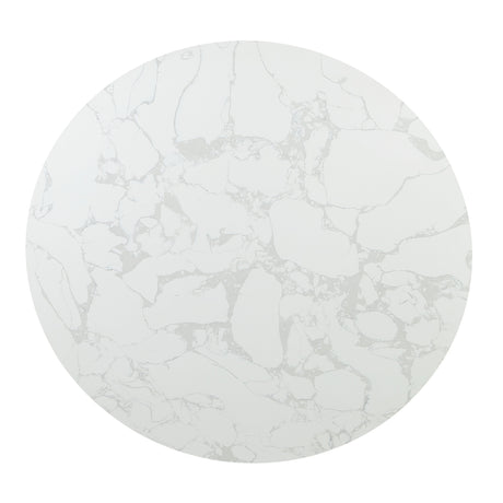 A round dining table named "Clayten" features a marble top with white and light gray veining, paired with an espresso base.