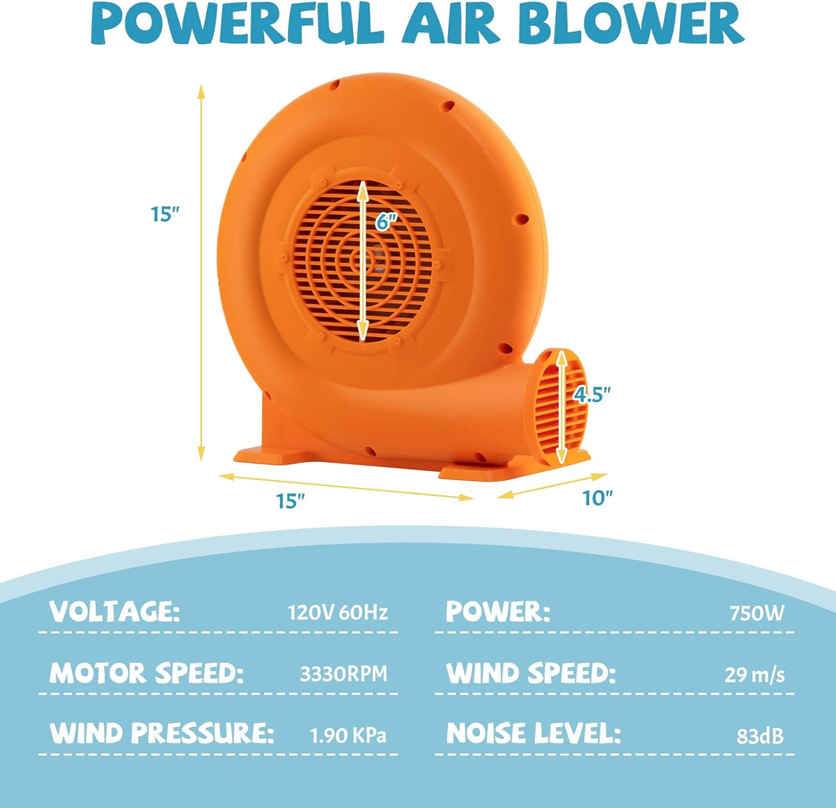 750W Air Blower (1.0HP) for Inflatables with 25 feet Wire and GFCI Plug