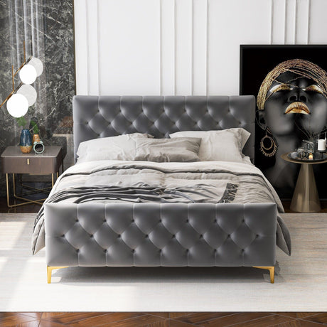 A modern bedroom showcases the Bailey - Elegant Design Bed with gray and white bedding. A nightstand holds a spherical lamp, and a framed art piece of a person adorned with gold accessories is beside it. A marble accent wall completes the stylish decor.