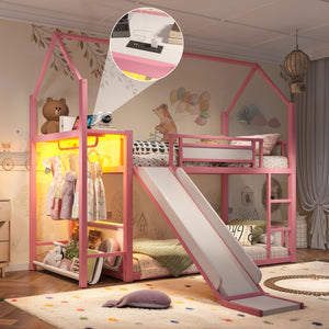 Twin Over Twin Metal Bunk Bed with Slide, LED Clothing Hanging Area, Fabric Storage Shelf & Power Outlet, Childlike Playhouse Bunk Bed Frame with Low-Profile Design for Kids, Pink
