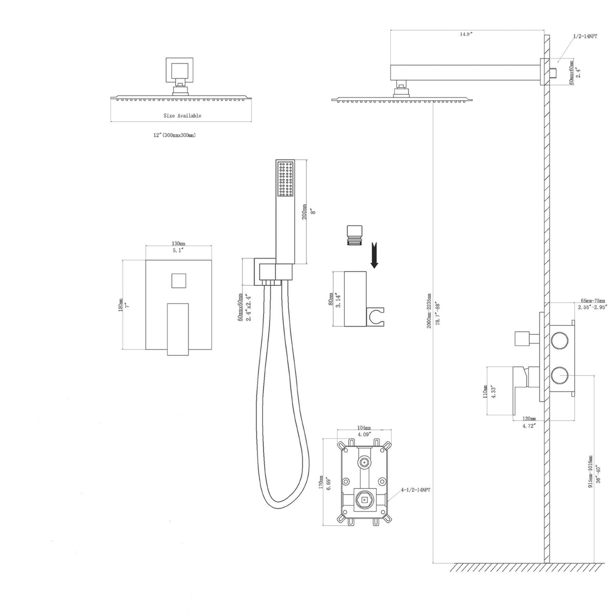 Dual Shower Head System With 12" Wall Mounted Square Rain Shower And Rough In Valve