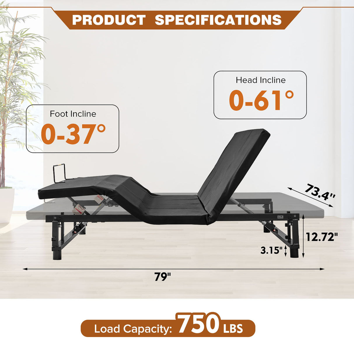 Adjustable Bed Base Frame & Head And Foot Incline Quiet Motor King Size Zero Gravity - Antique Black by Couch.com