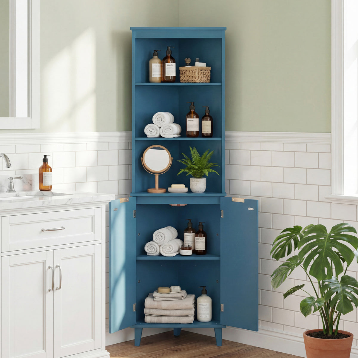68 Inch Tall Bathroom Floor Storage Cabinet with Fluted Doors-Blue