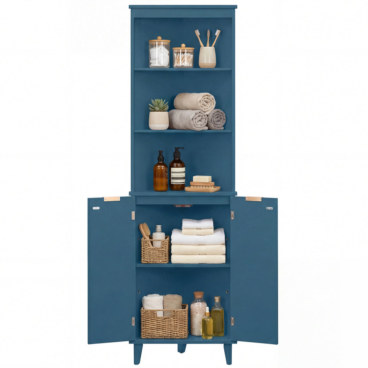 68 Inch Tall Bathroom Floor Storage Cabinet with Fluted Doors-Blue